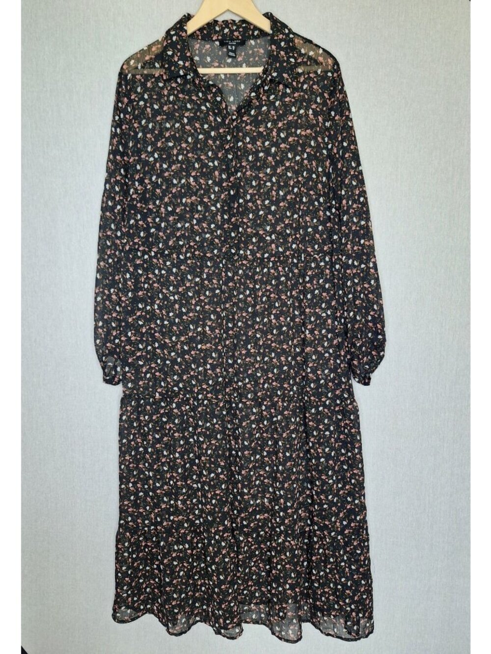 💙 New Look Curves Floral Chiffon Shirt Dress Size 16 Black Long Sleeve Maxi Cot